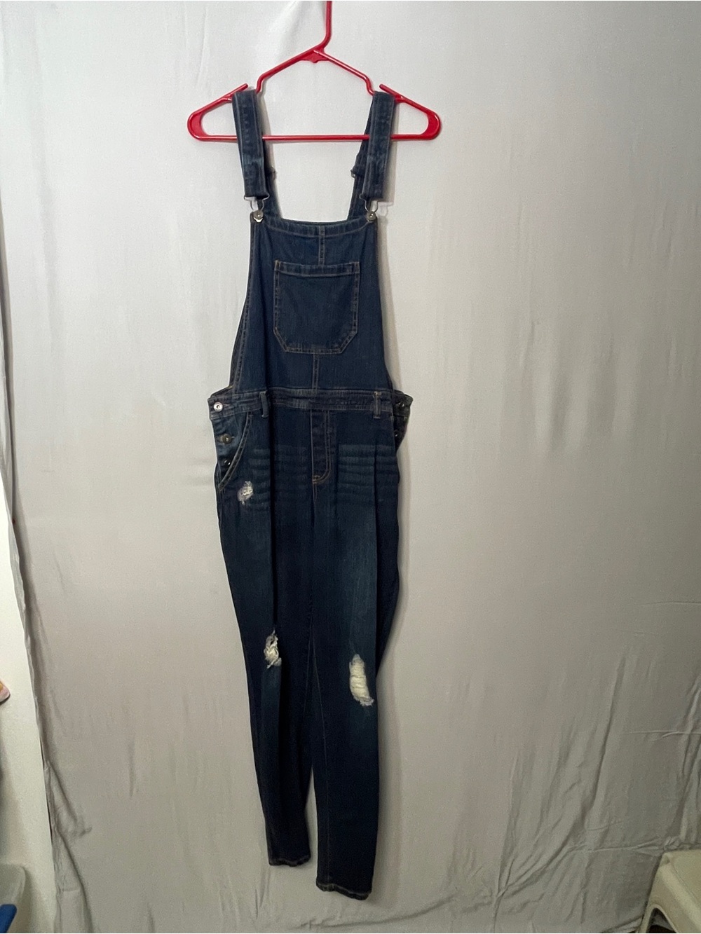 True Craft Womens 11 Blue Denim Overalls Skinny Distressed Jean Jumpsuit